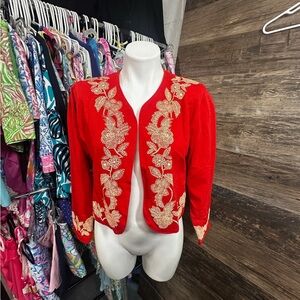Folette Elegant Red and Gold Cropped Blazer Jacket with Ornate Embellishments